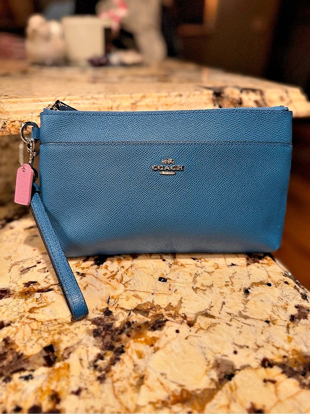 Coach EUC Large Color-Block Blue & Pink Wristlet Clutch with Pink Hangtag